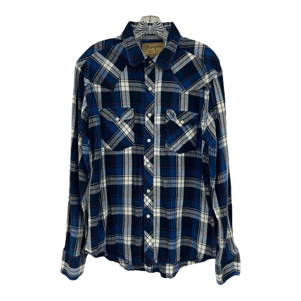Wrangler Retro Snap Plaid Blue & White Western Cowgirl SZ L Shirt